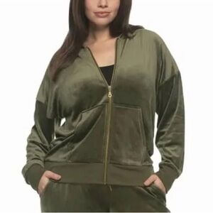 Felina Women's Full Zip Velour Hoodie in Dark Olive, Size Small
